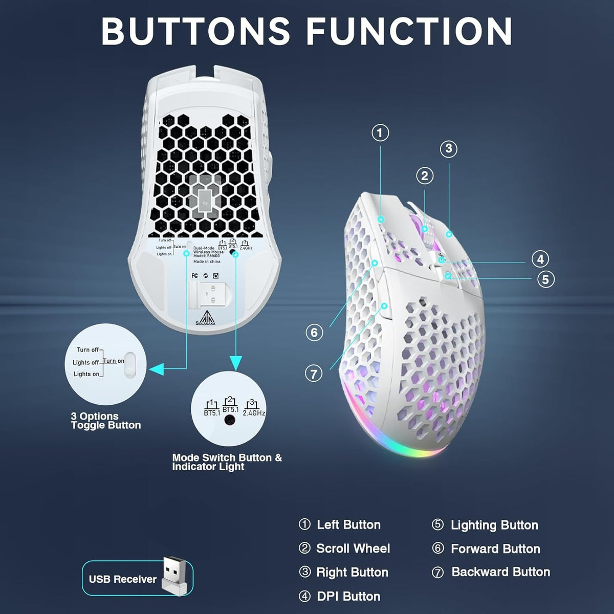White Wireless Gaming Mouse with Tri-Modes, RGB Light & Programmable Macros for Laptop/PC/Mac - fmtshop.net